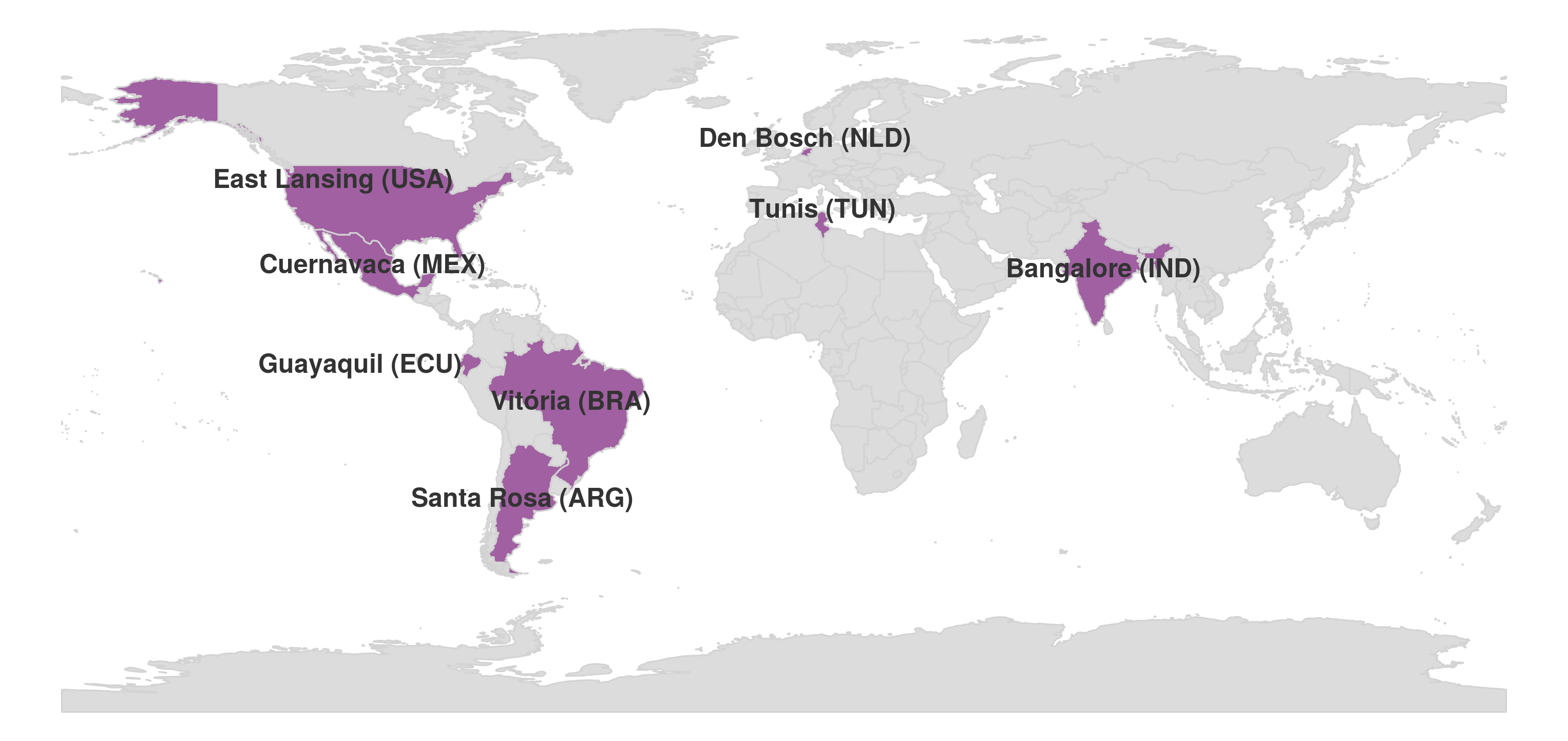 World map with eight countries highlighted in purple: USA, Mexico, Ecuador, Brazil, Argentina, Netherlands, Tunisia, and India